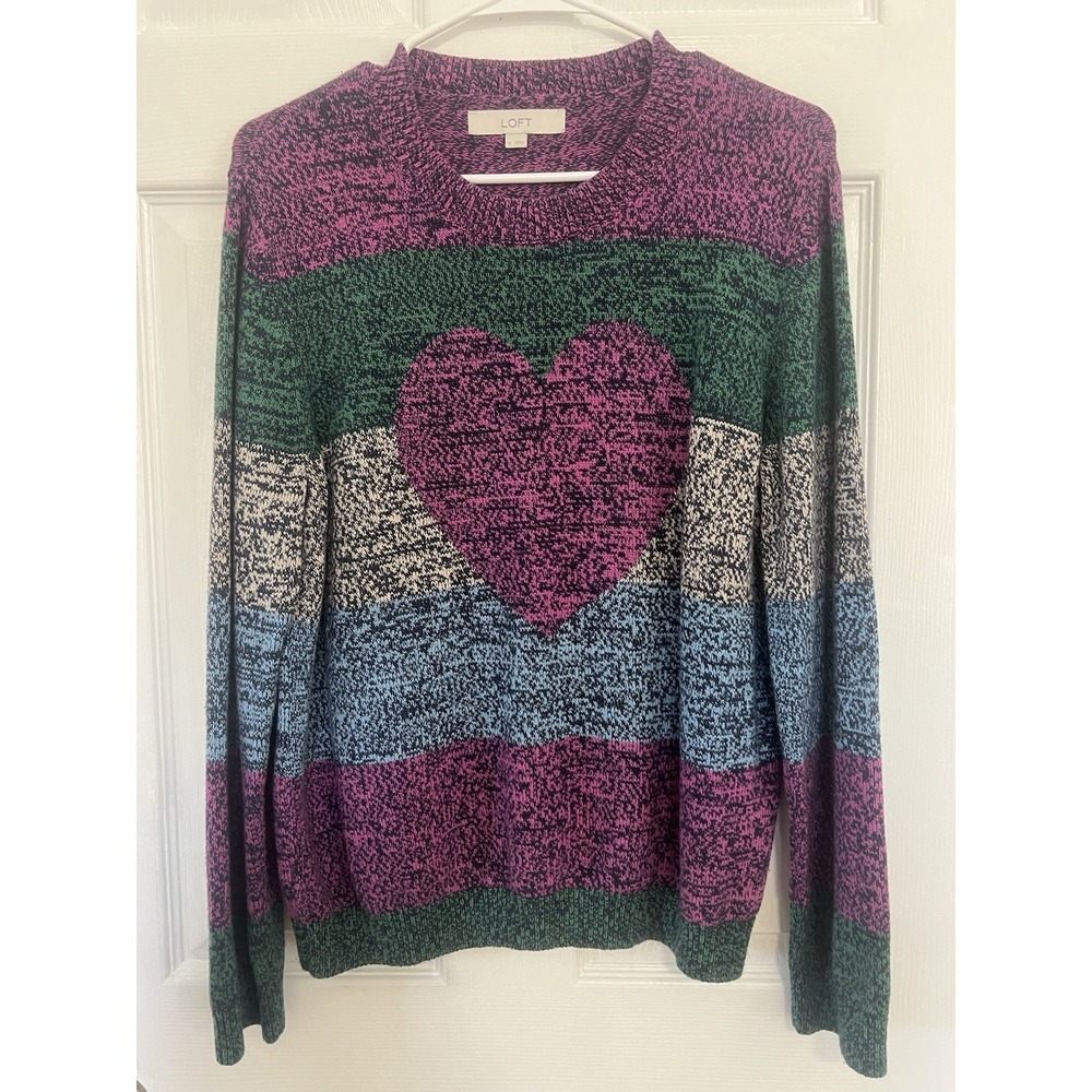 Loft Heart Stripe Colorful Long Sleeve Crewneck Soft Knit Sweater Runs Small XL